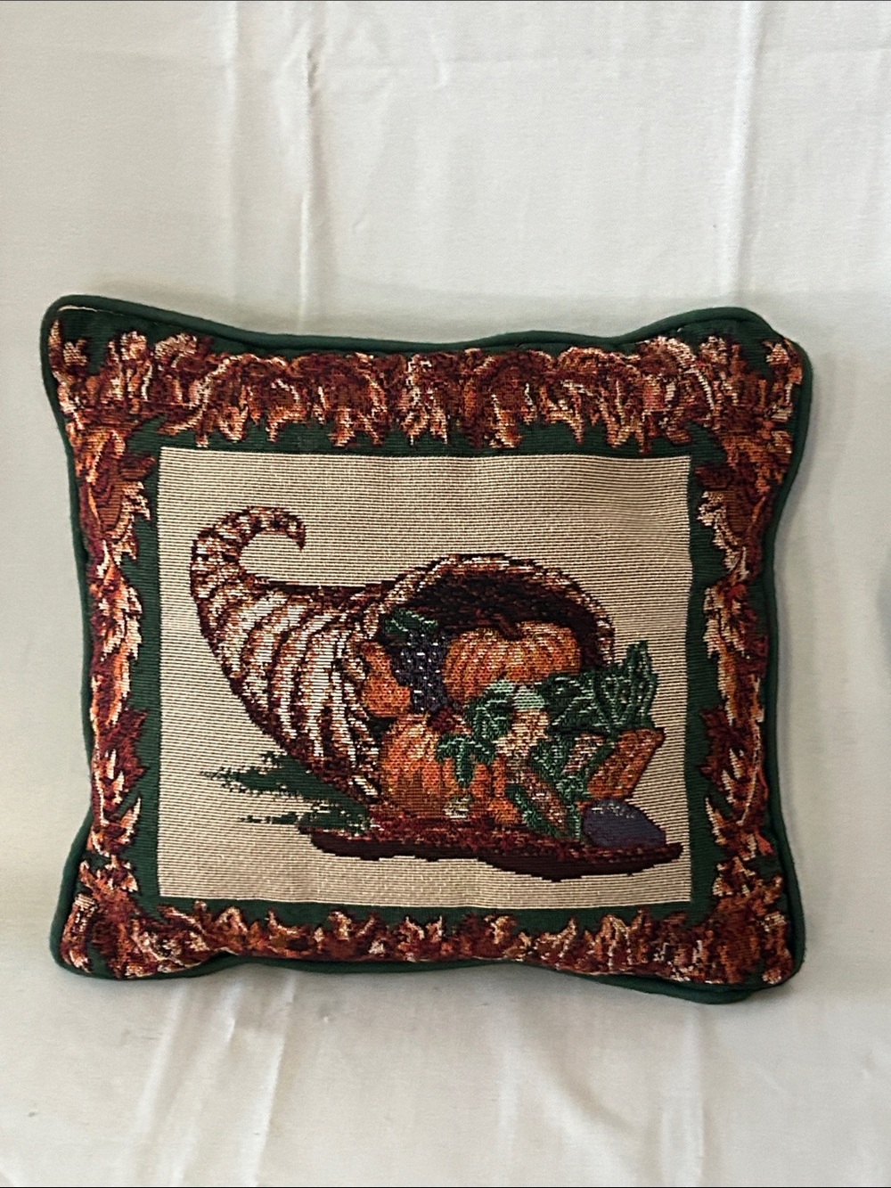 Autumn Tapestry Cornucopia Decorative Pillow - Greens, Oranges, Browns 10”x10